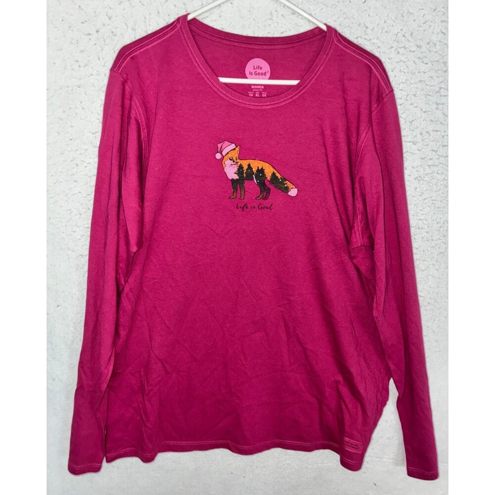 Life Is Good Womens Long Sleeve Crew Neck Shirt XL Pink Santa Fox